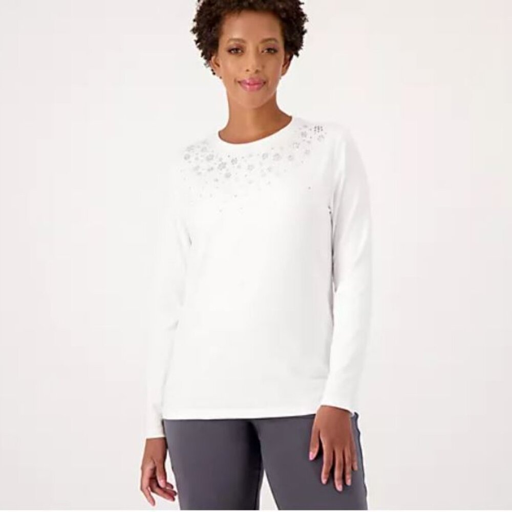 Isaac Mizrahi Live! Rhinestone Embellished Crew Neck Top-Bright White - 5X